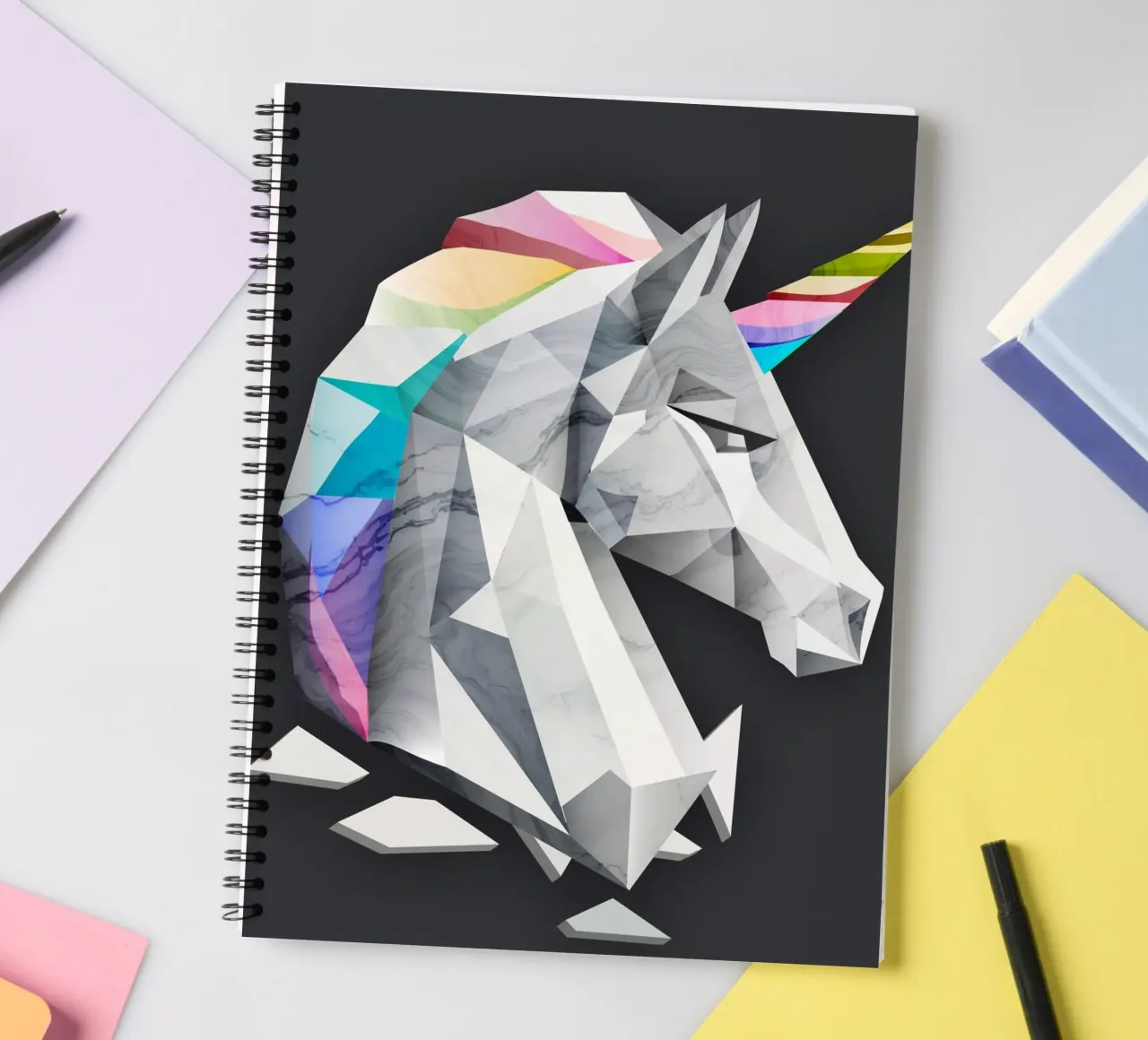 Geometric unicorn with rainbow mane spiral notebook by namosh