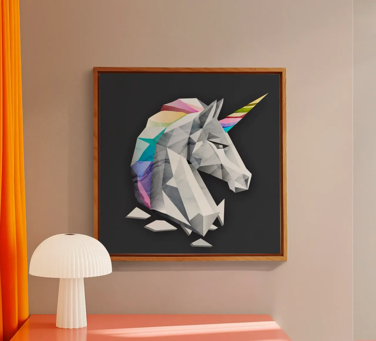 Unicornio geométrico con melena arco iris metacrilato de namosh