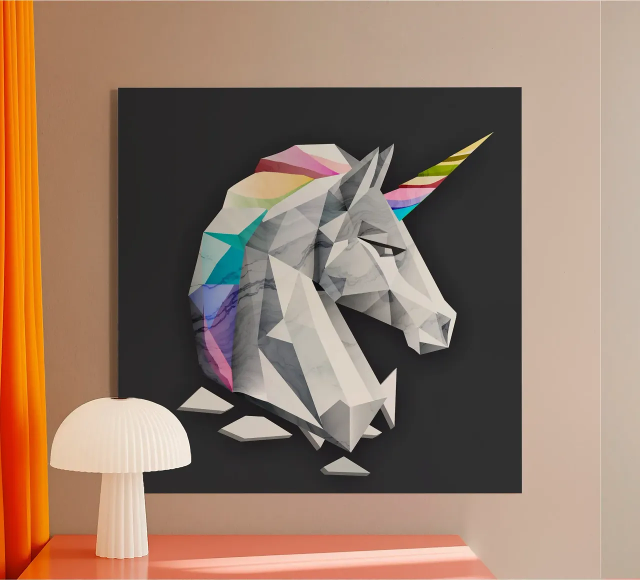 Unicornio geométrico con melena arco iris metacrilato de namosh