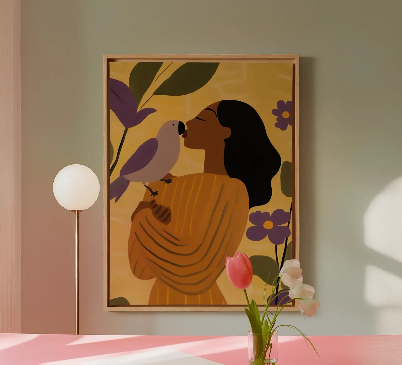 Dare un bacio | Donna d'oro con pappagallo viola tela da Autofocus