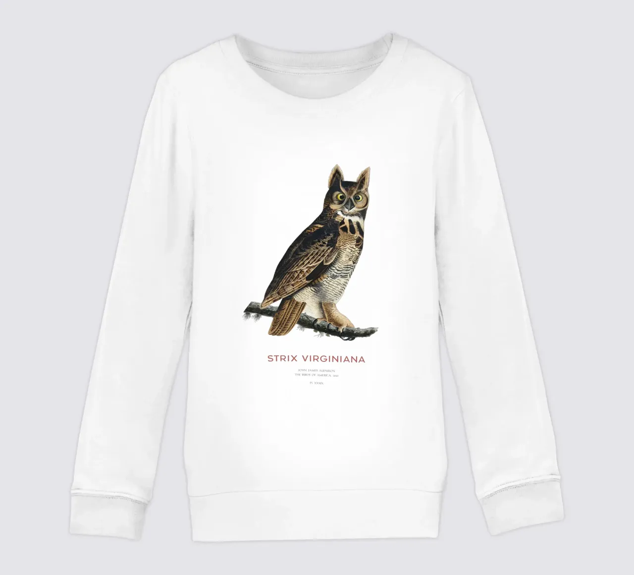 Great horned owl or Strix virginiana kids sweatshirt by Vintagrafica