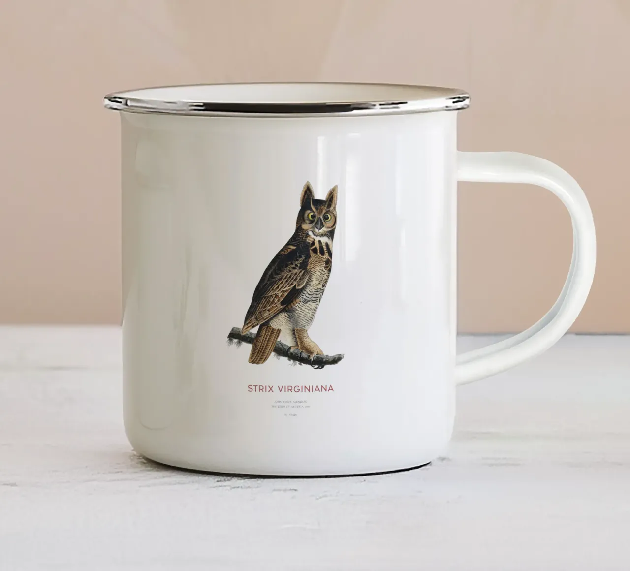 Civetta capogrosso o Strix virginiana tazza in smalto da Vintagrafica