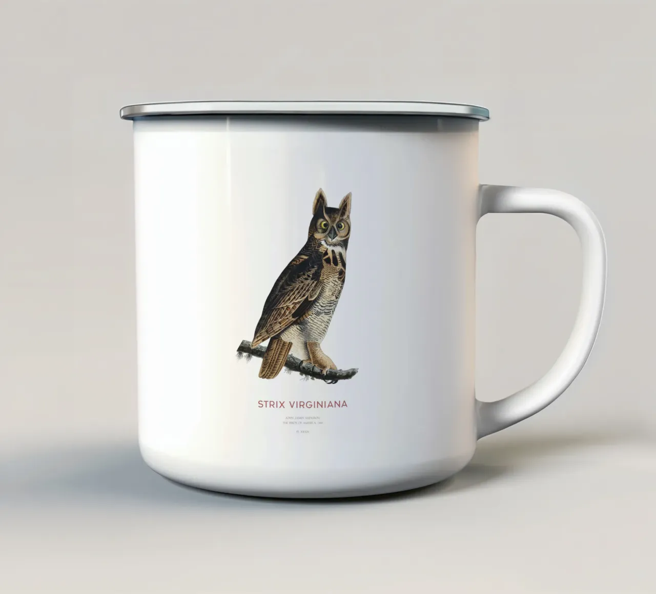 Civetta capogrosso o Strix virginiana tazza in smalto da Vintagrafica
