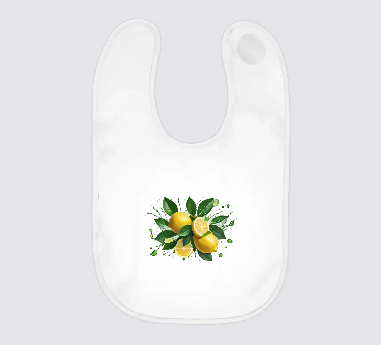 Bright lemon halves erupting with juice and splashes baby bib by DesignDoodle