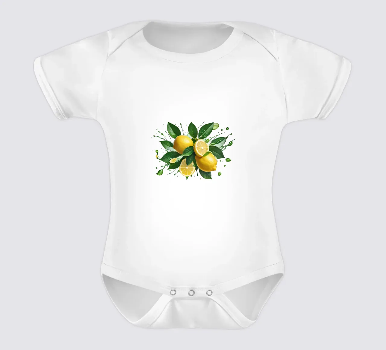 Leuchtend helle Zitronenhälften, aus denen Saft und Spritzer austreten Kurzarm Babybody von DesignDoodle