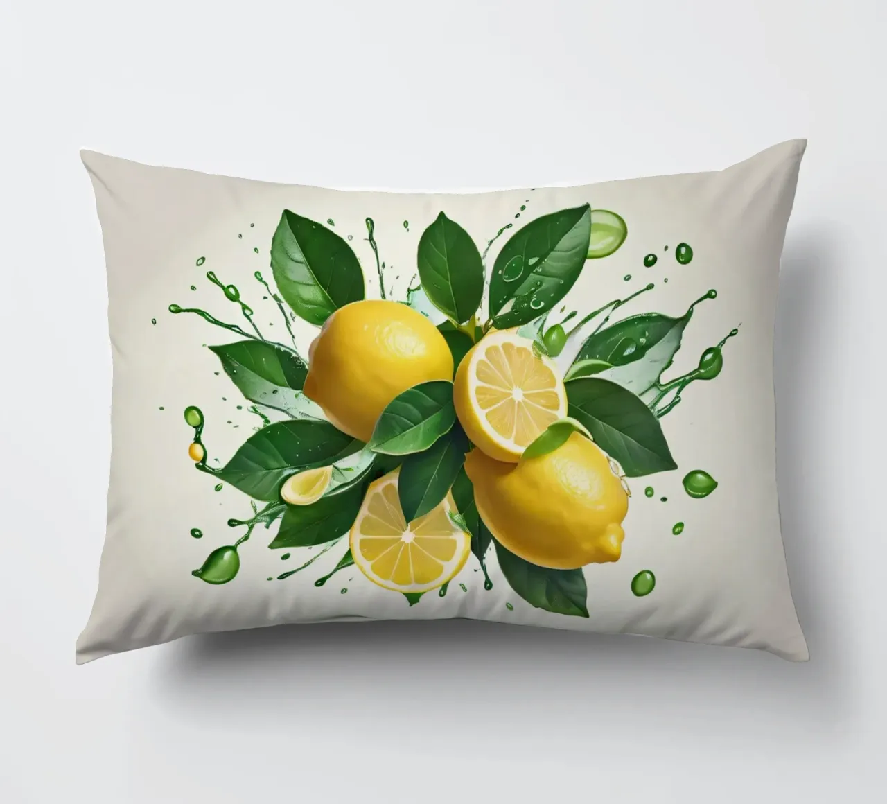 Bright lemon halves erupting with juice and splashes decorative cushion by DesignDoodle