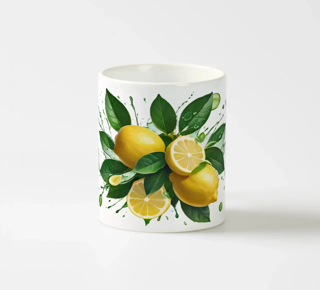 Bright lemon halves erupting with juice and splashes ceramic mug by DesignDoodle