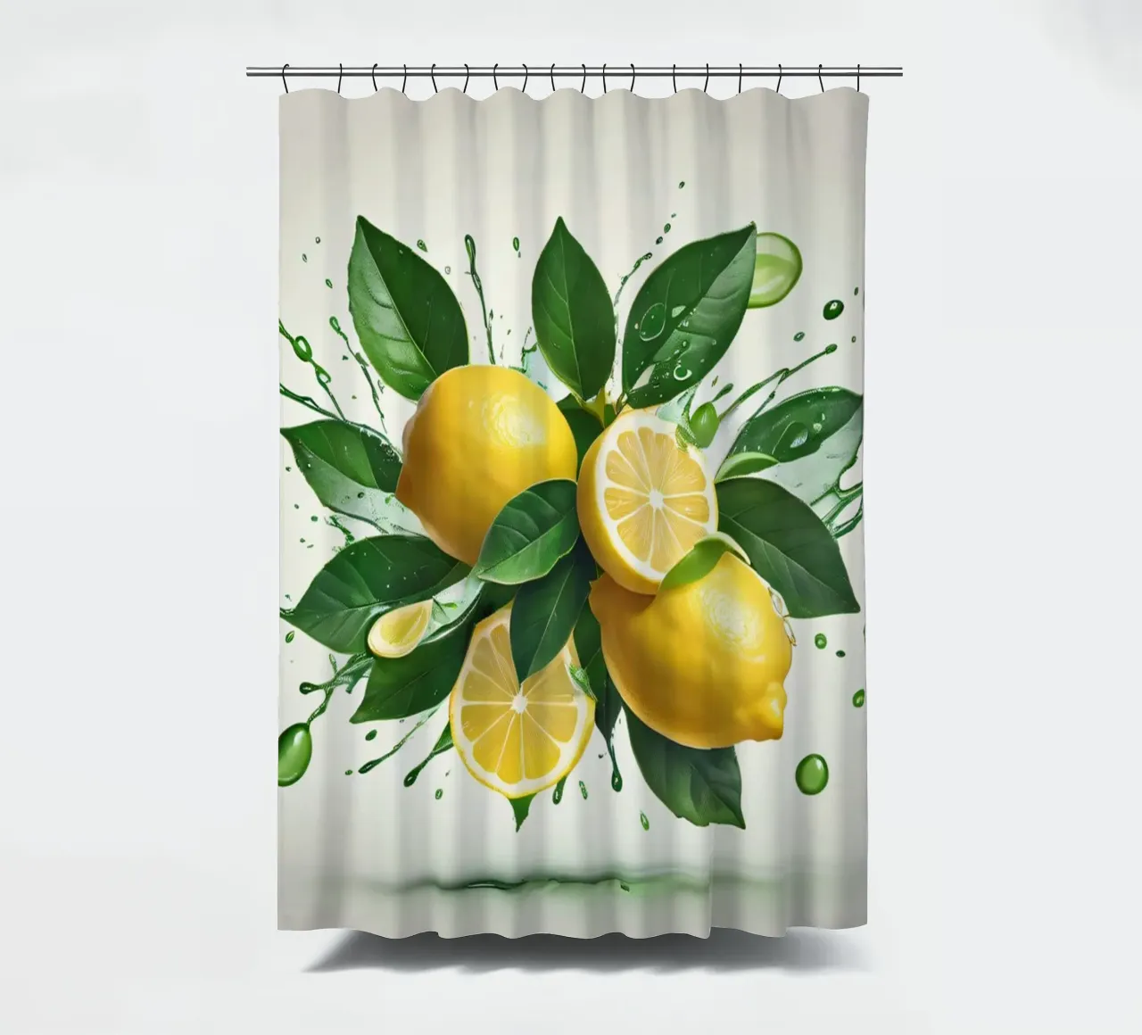 Bright lemon halves erupting with juice and splashes shower curtain by DesignDoodle