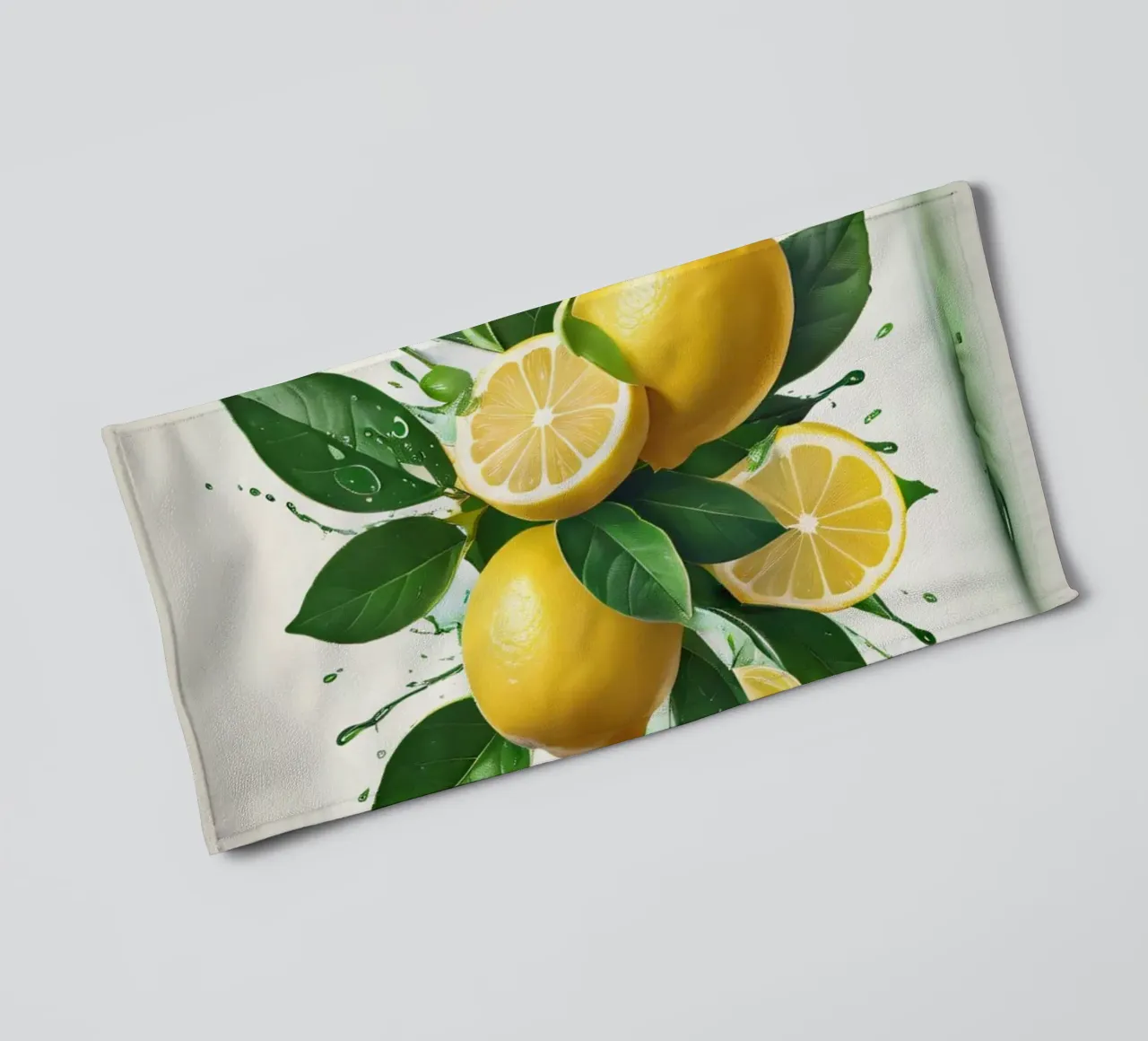 Bright lemon halves erupting with juice and splashes towel by DesignDoodle