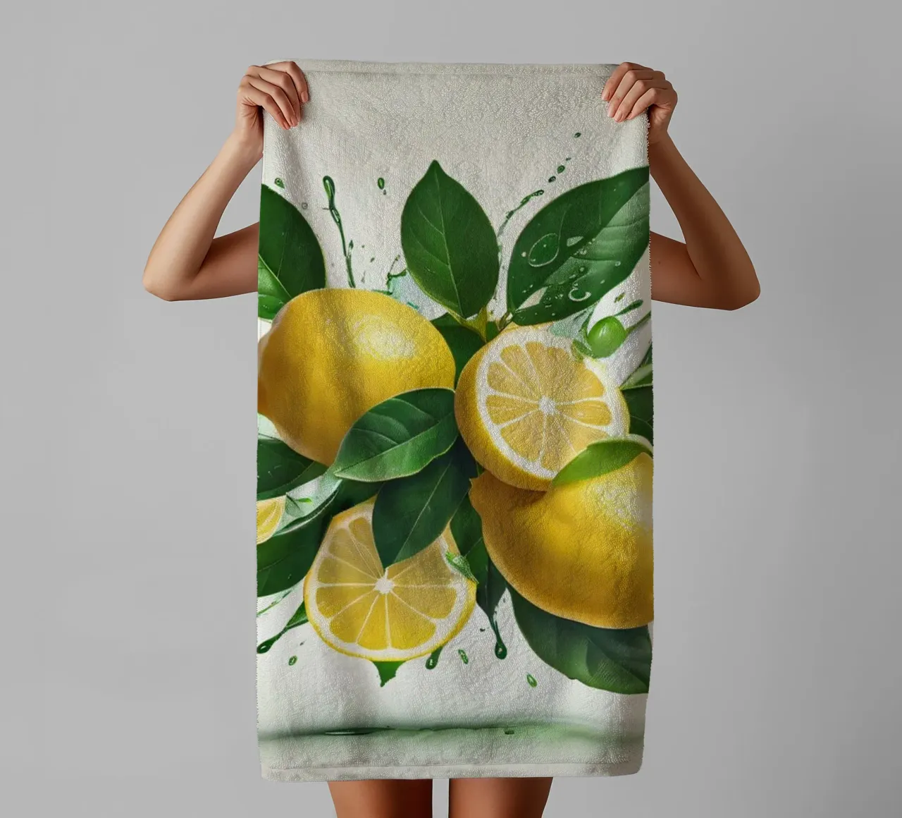 Bright lemon halves erupting with juice and splashes towel by DesignDoodle