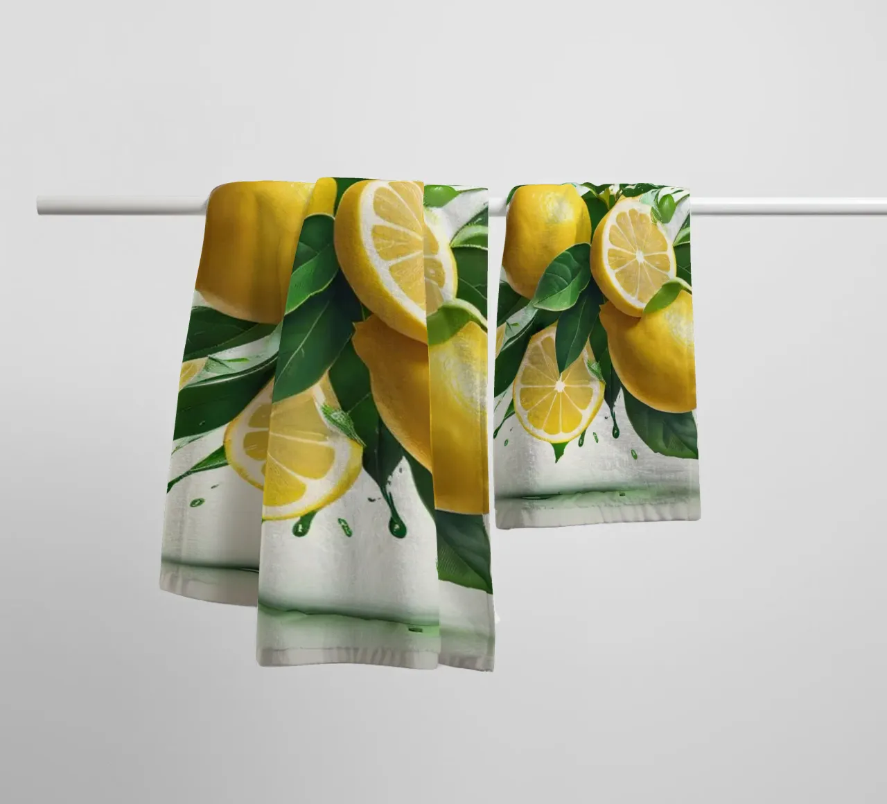 Bright lemon halves erupting with juice and splashes towel by DesignDoodle