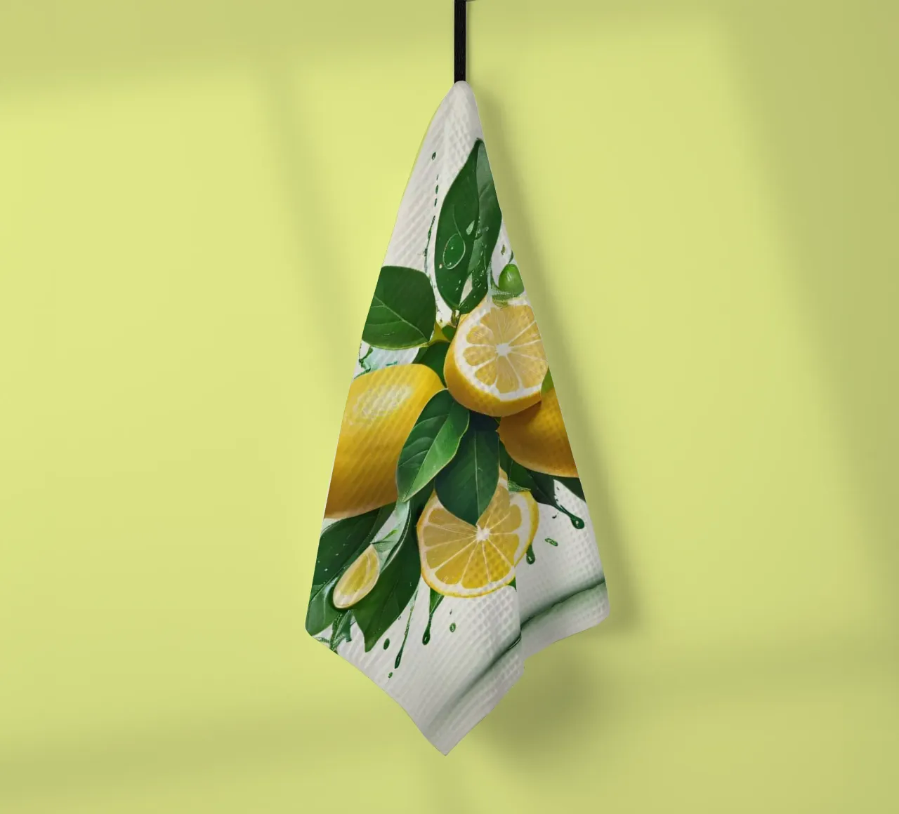 Bright lemon halves erupting with juice and splashes tea towel by DesignDoodle