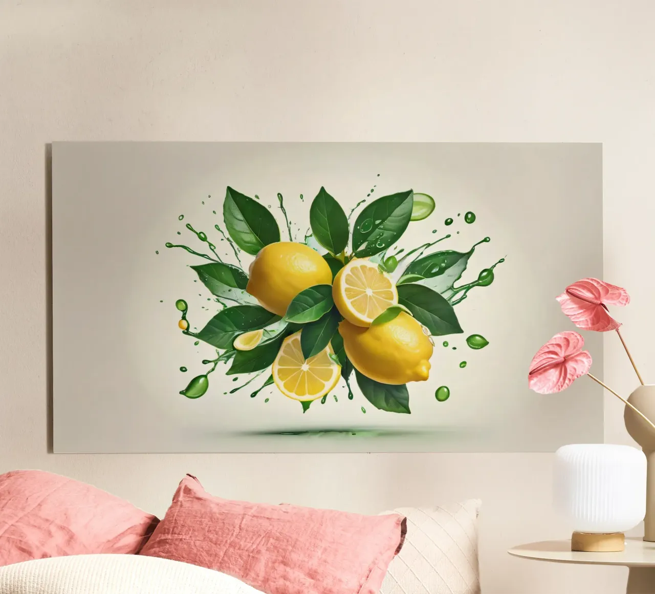 Bright lemon halves erupting with juice and splashes alu-dibond by DesignDoodle