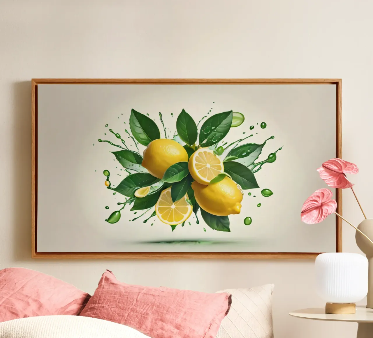 Bright lemon halves erupting with juice and splashes canvas by DesignDoodle