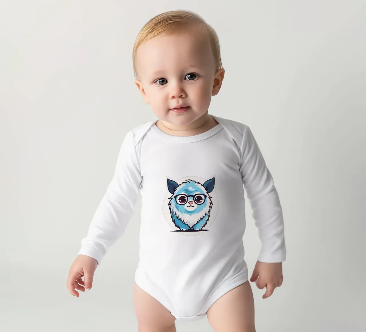 Mignonne créature bleue à fourrure avec des lunettes dans un graphisme ludique body manches longues de DesignDoodle