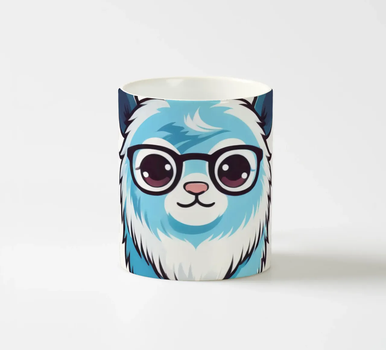 Simpatica creatura pelosa blu con occhiali in una grafica giocosa tazza in ceramica da DesignDoodle