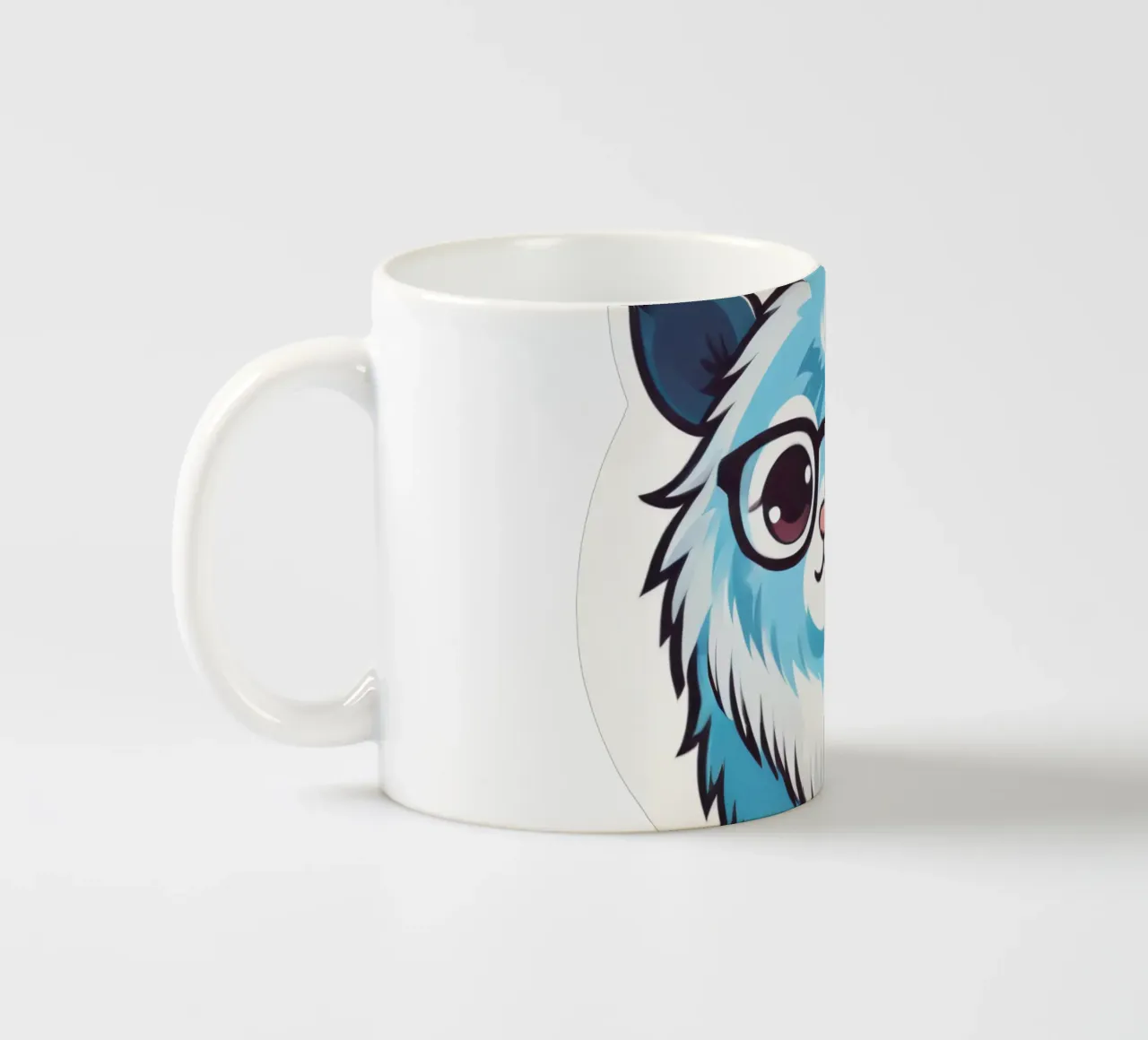 Simpatica creatura pelosa blu con occhiali in una grafica giocosa tazza in ceramica da DesignDoodle