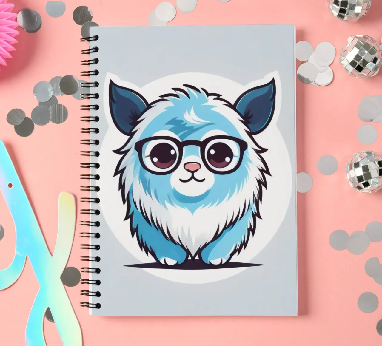 Cute blue furry creature with glasses in a playful graphic spiral notebook by DesignDoodle