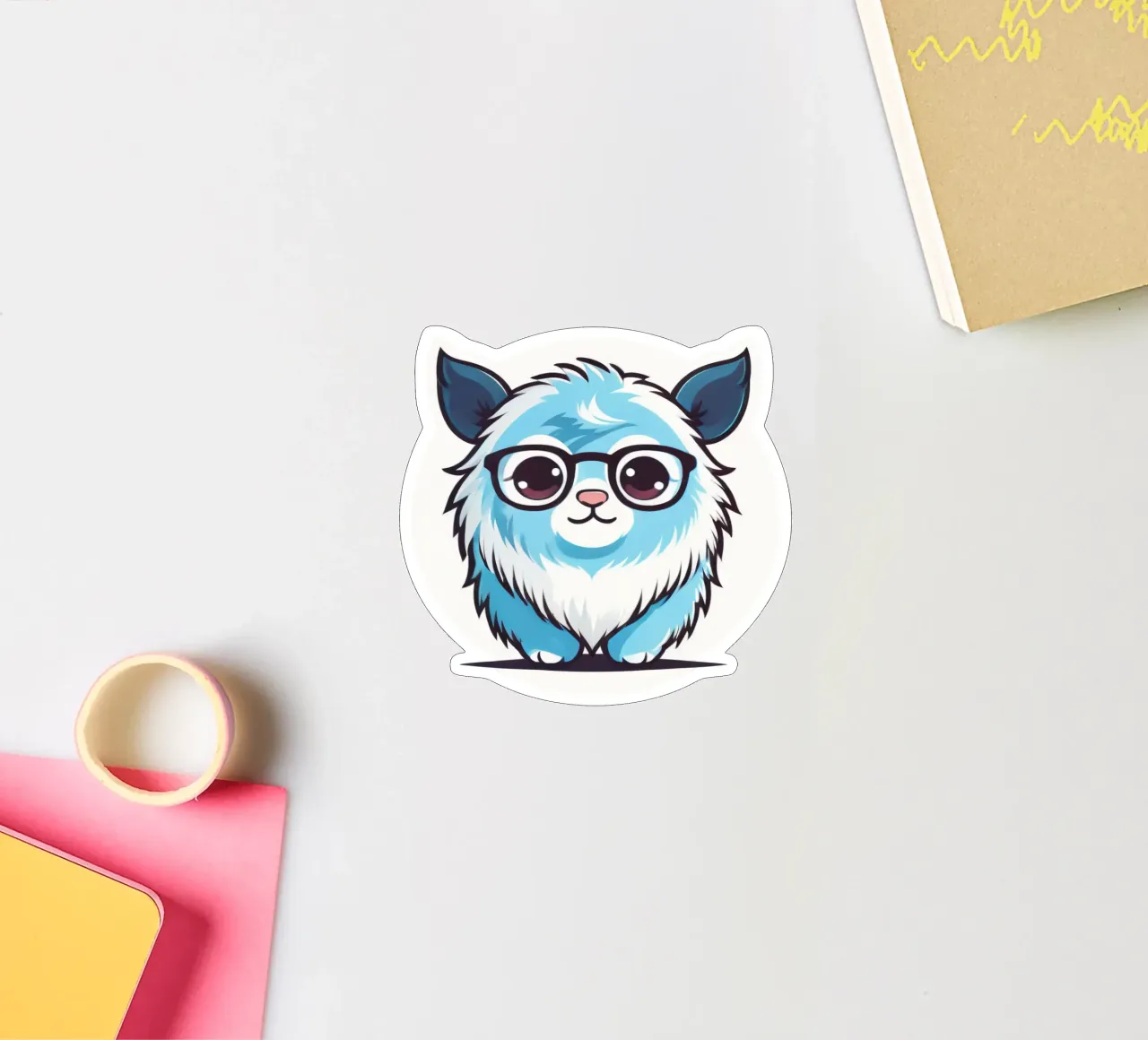 Simpática criatura peluda azul con gafas en un divertido gráfico pegatina de DesignDoodle