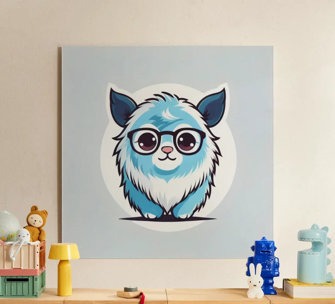 Simpática criatura peluda azul con gafas en un divertido gráfico metacrilato de DesignDoodle