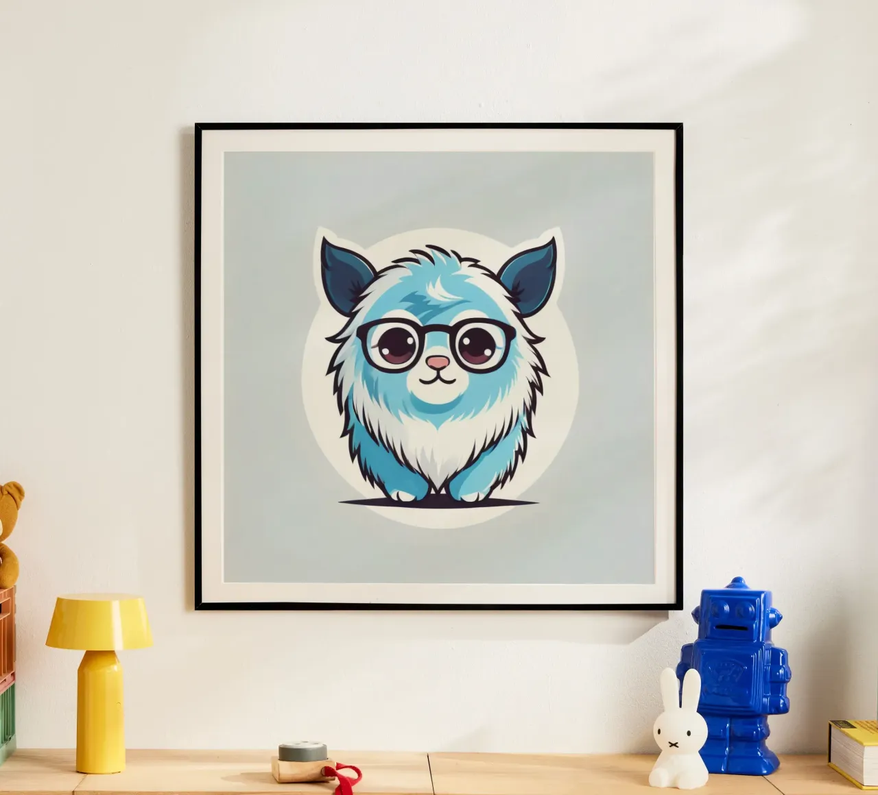 Simpática criatura peluda azul con gafas en un divertido gráfico hahnemühle de DesignDoodle