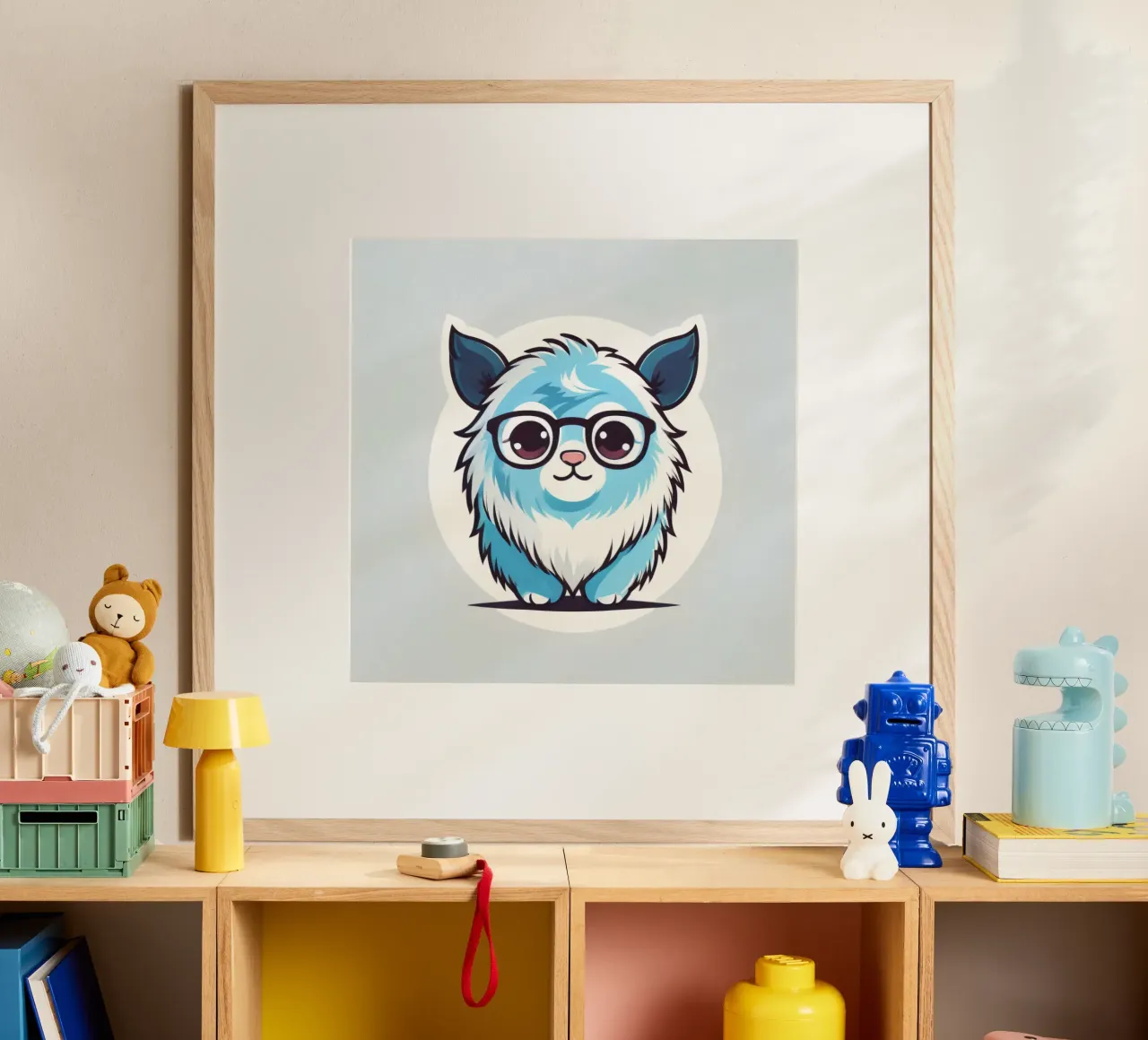 Simpática criatura peluda azul con gafas en un divertido gráfico hahnemühle de DesignDoodle