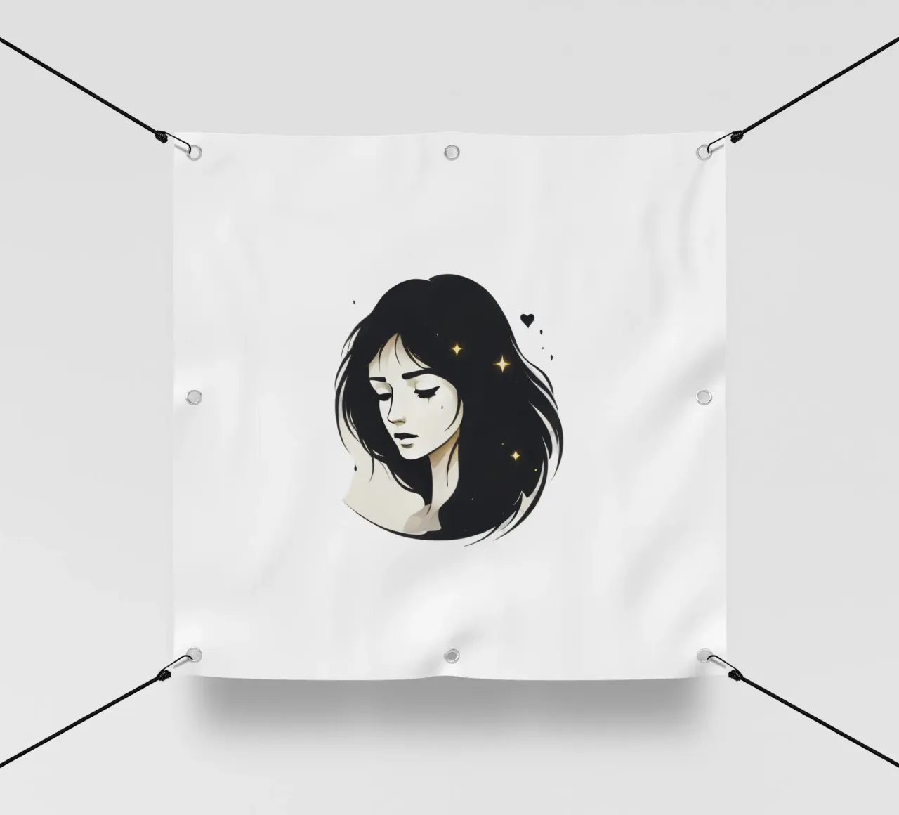 illustrazione in bianco e nero di una donna contemplativa telo in pvc da DesignDoodle