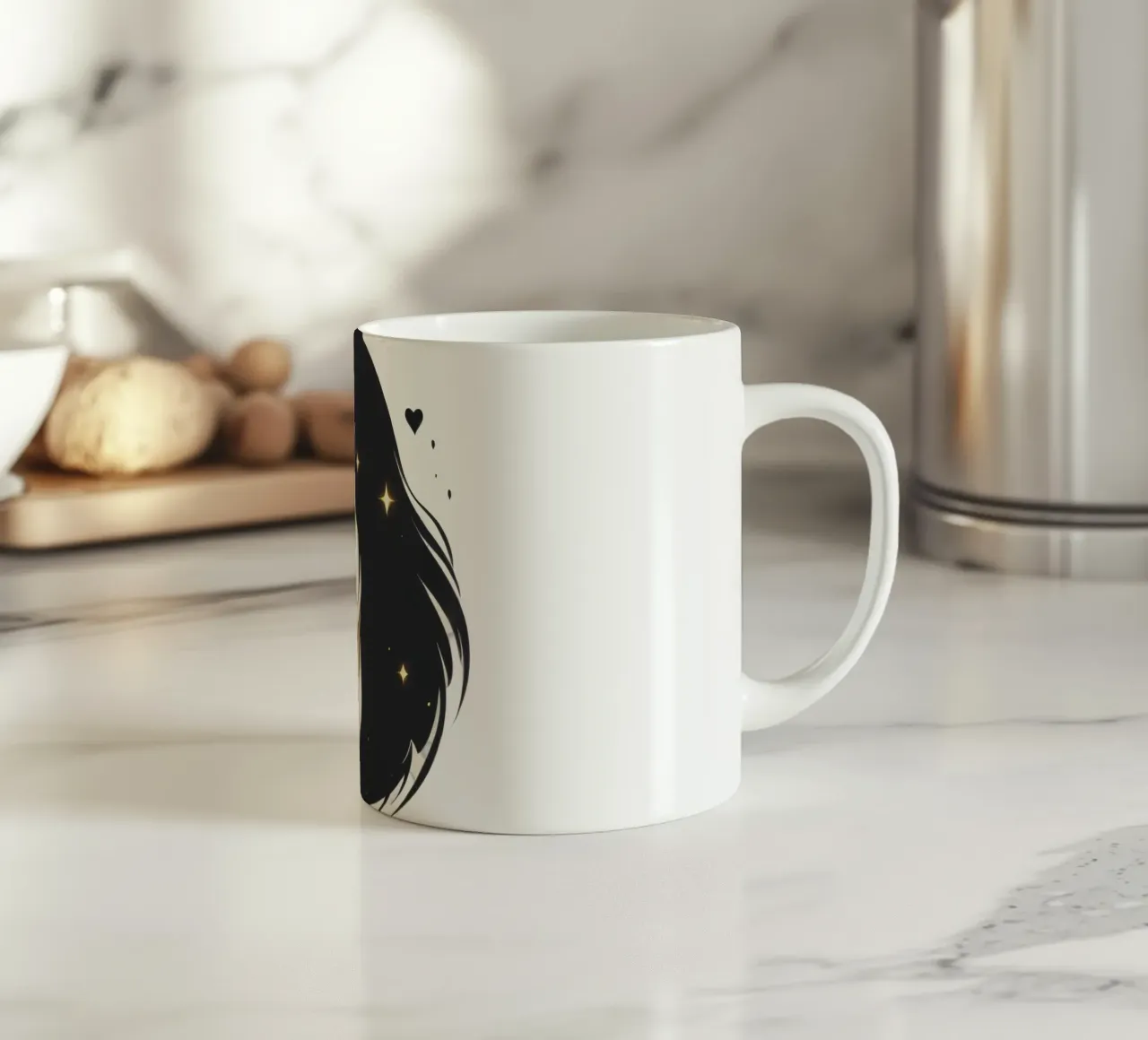 illustrazione in bianco e nero di una donna contemplativa tazza in ceramica da DesignDoodle