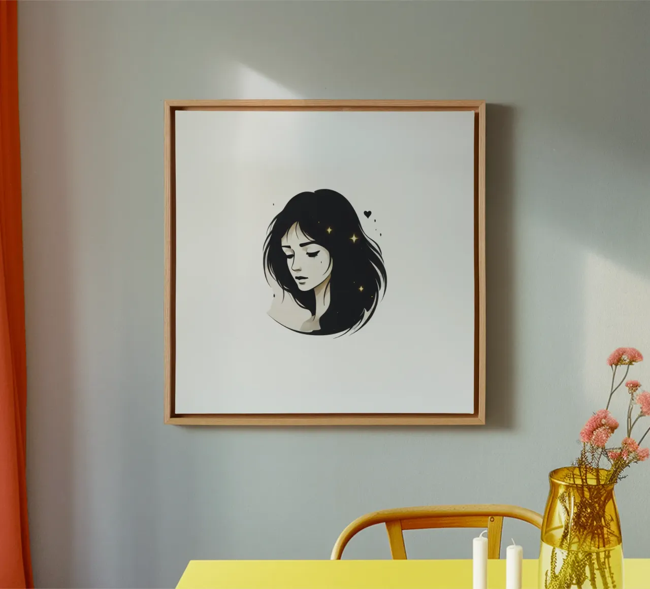 illustrazione in bianco e nero di una donna contemplativa tela con Cornice a cassetta da DesignDoodle
