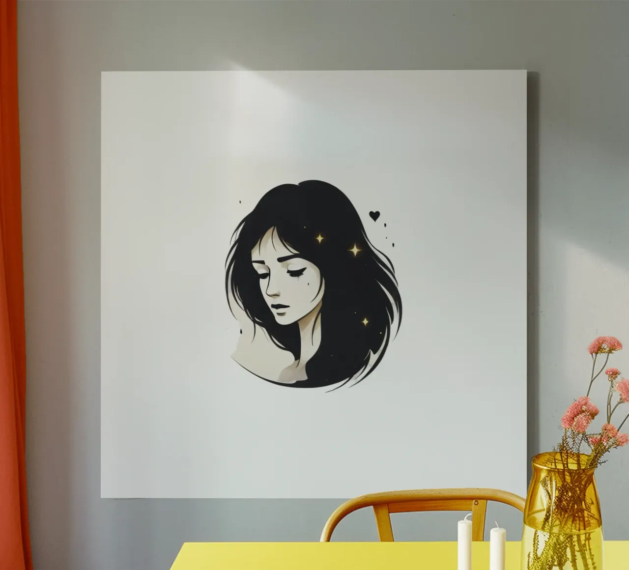 illustrazione in bianco e nero di una donna contemplativa tela con Cornice a cassetta da DesignDoodle