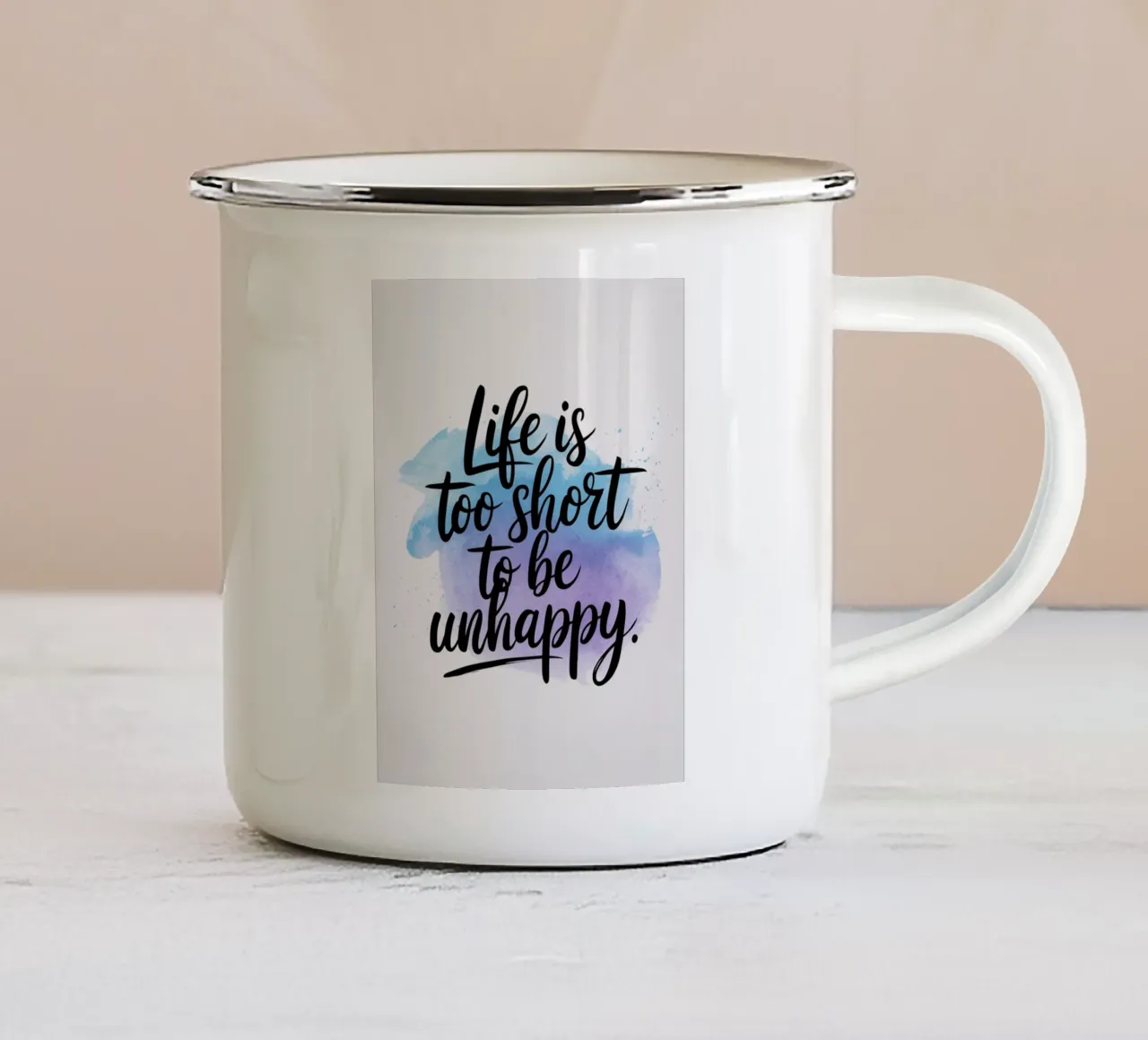 Das Leben ist zu kurz, um unglücklich zu sein. Emaille Tasse von logic