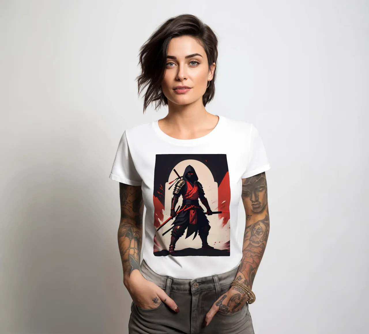 Guerrier ninja en tenue rouge et noire très voyante t-shirt ajusté pour femmes de DesignDoodle
