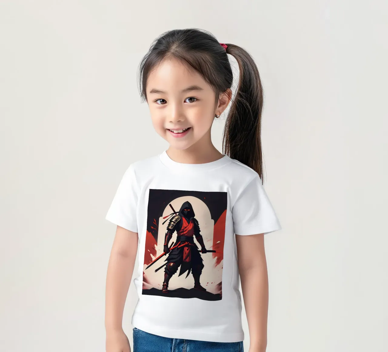 Ninja warrior in striking red and black attire kids t-shirt by DesignDoodle