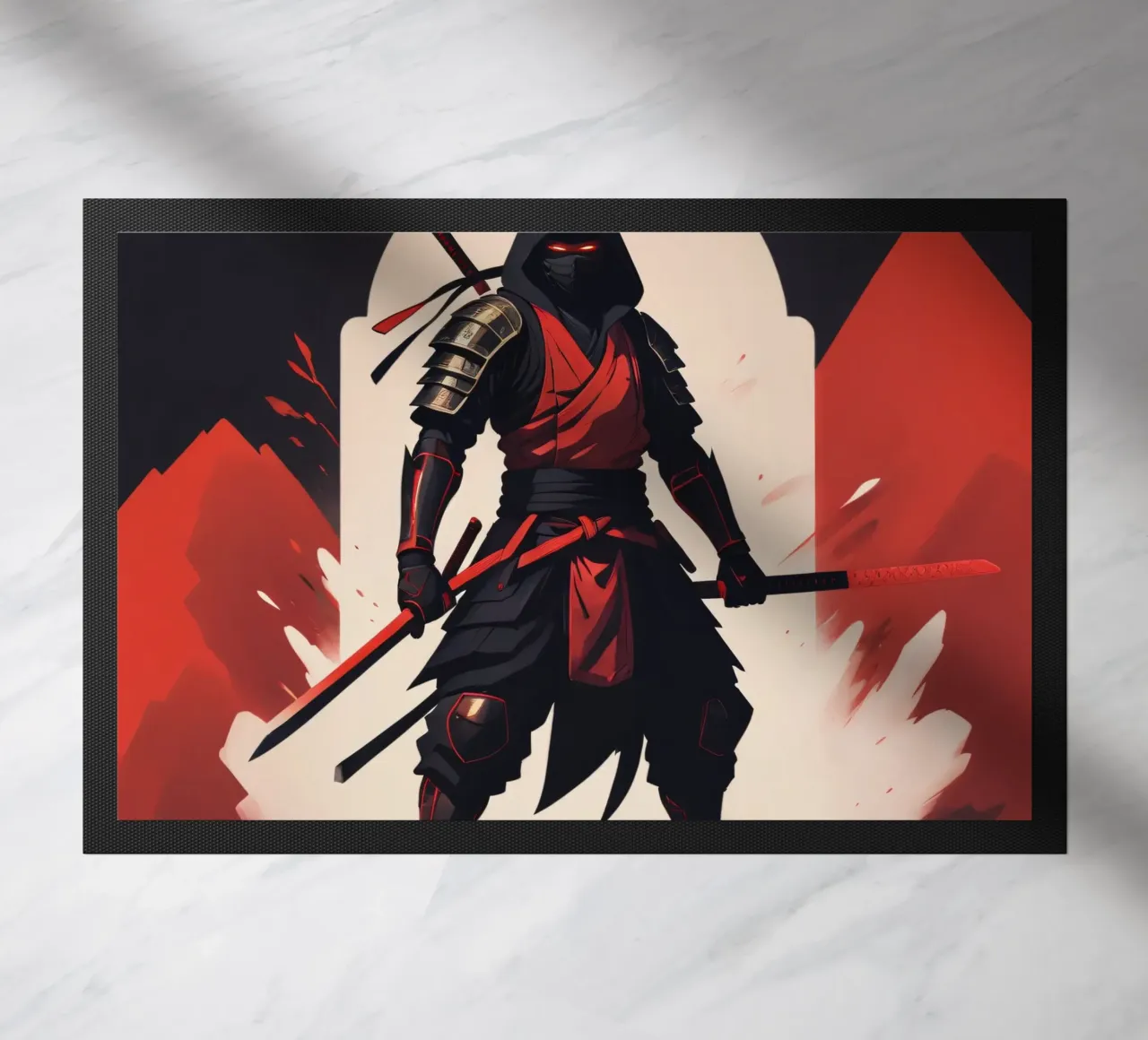 Ninja-Kriegerin in auffälliger rot-schwarzer Kleidung Fußmatte von DesignDoodle