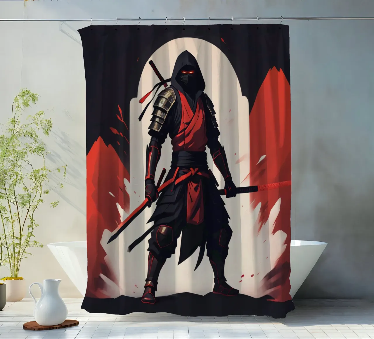 Ninja-Kriegerin in auffälliger rot-schwarzer Kleidung Duschvorhang von DesignDoodle