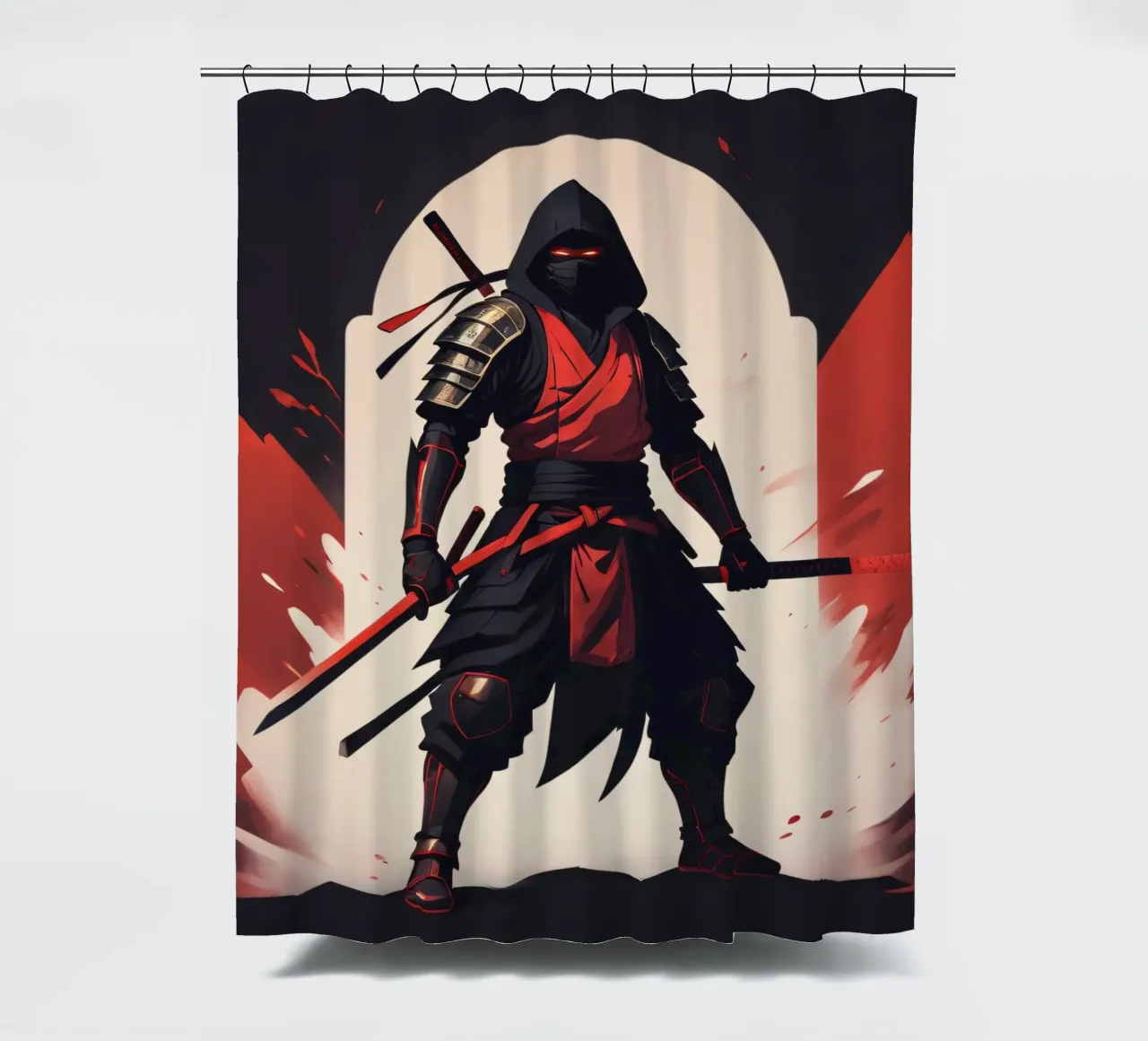 Ninja-Kriegerin in auffälliger rot-schwarzer Kleidung Duschvorhang von DesignDoodle