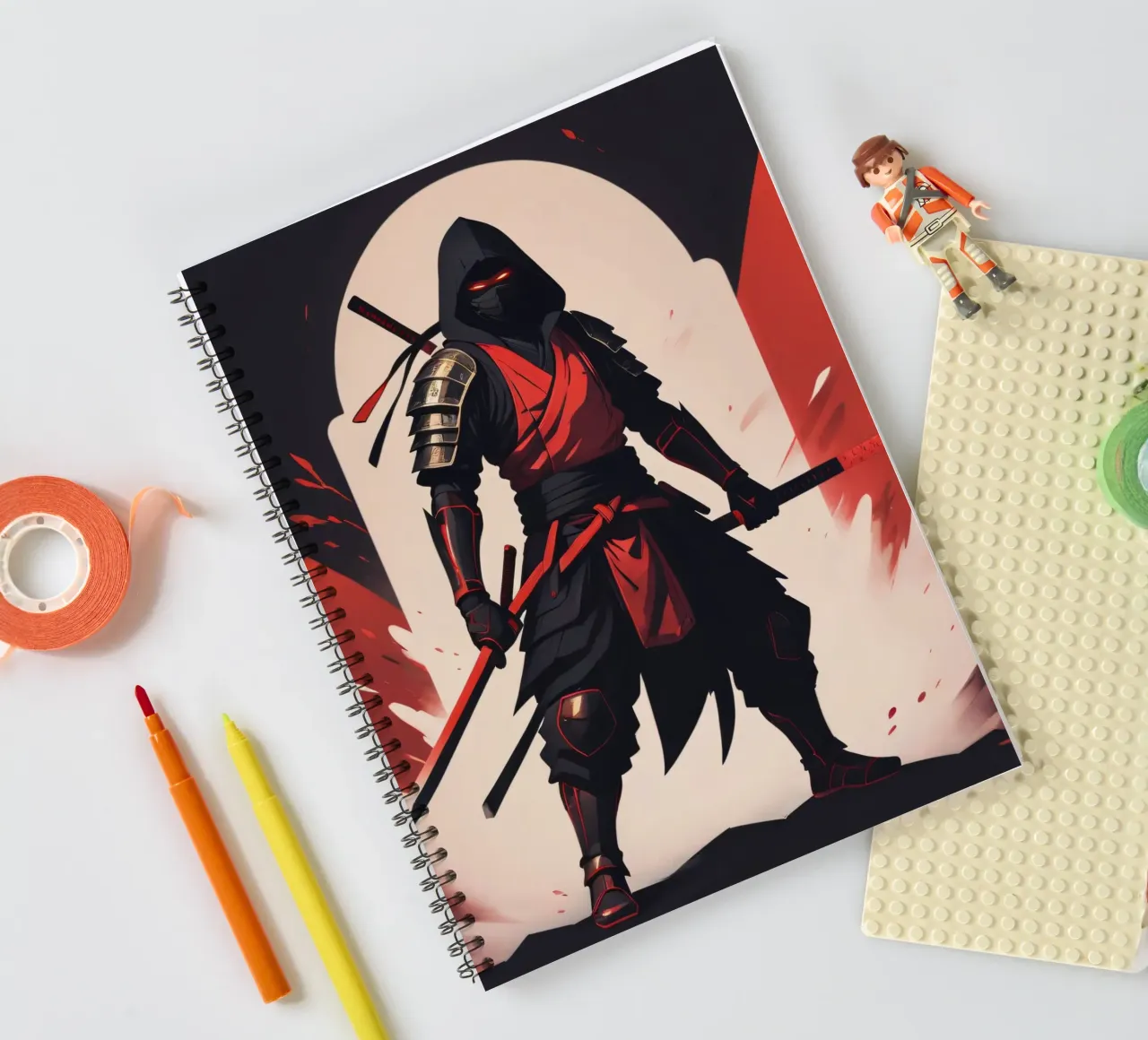 Ninja warrior in striking red and black attire spiral notebook by DesignDoodle