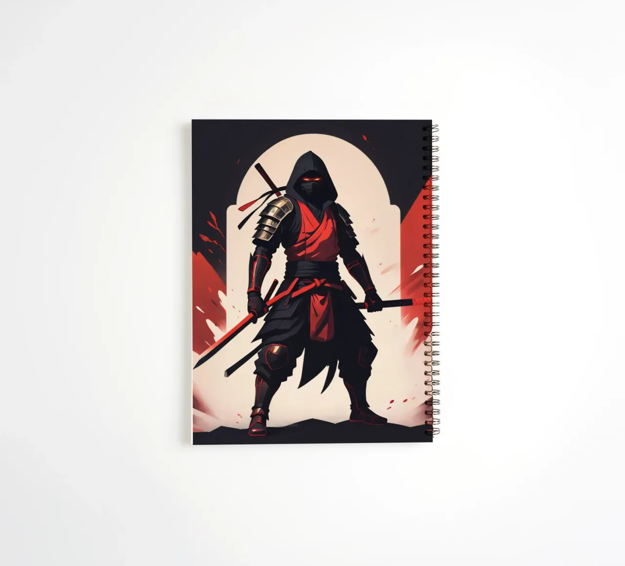 Ninja warrior in striking red and black attire spiral notebook by DesignDoodle