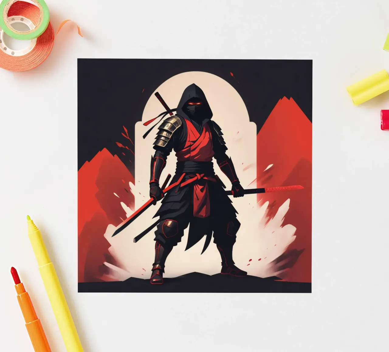 Ninja-Kriegerin in auffälliger rot-schwarzer Kleidung Sticker von DesignDoodle