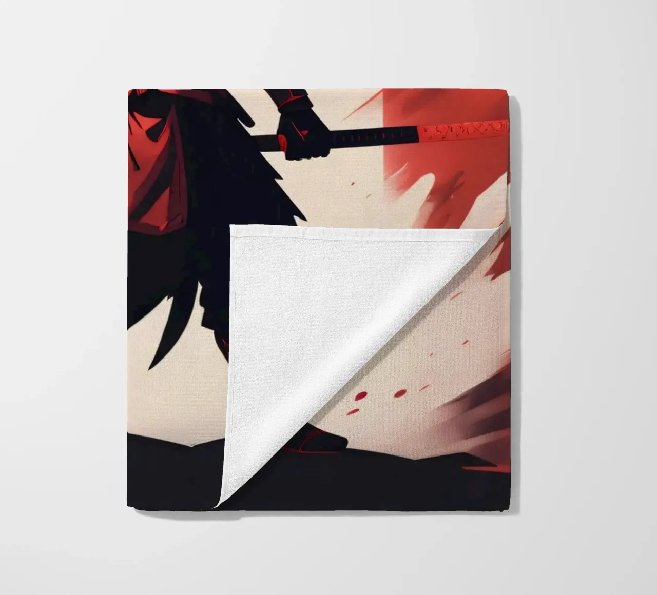 Ninja warrior in striking red and black attire beach towel by DesignDoodle
