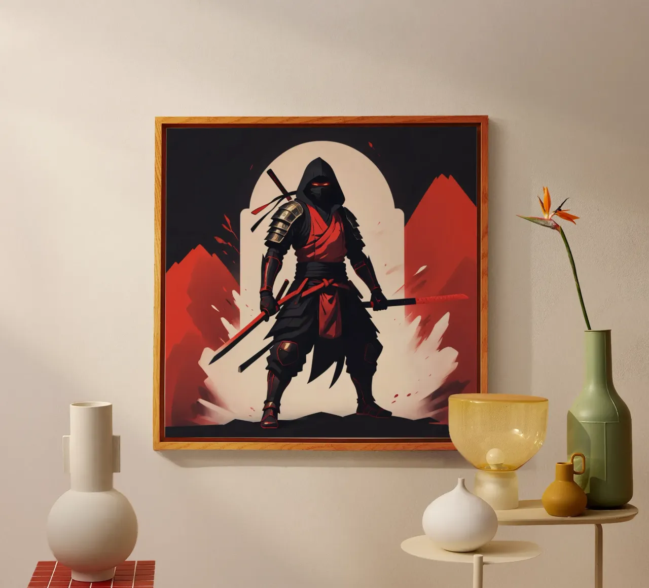 Ninja-Kriegerin in auffälliger rot-schwarzer Kleidung Acryl-Glas von DesignDoodle