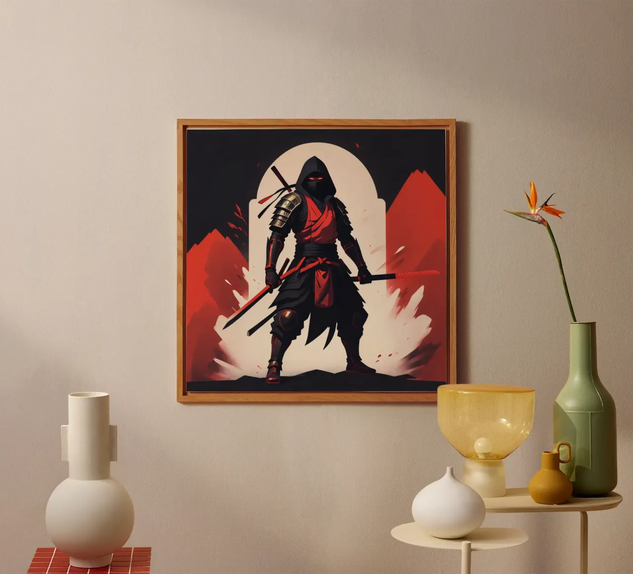 Ninja-Kriegerin in auffälliger rot-schwarzer Kleidung Alu-Dibond von DesignDoodle