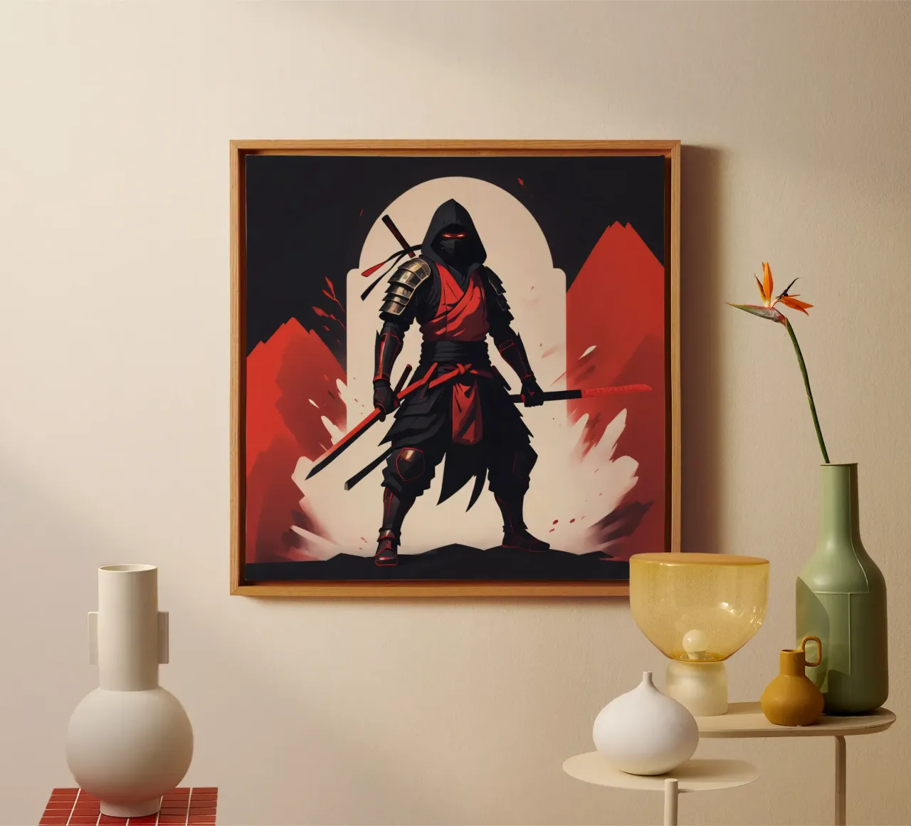 Ninja-Kriegerin in auffälliger rot-schwarzer Kleidung Leinwand mit Schattenfugenrahmen von DesignDoodle