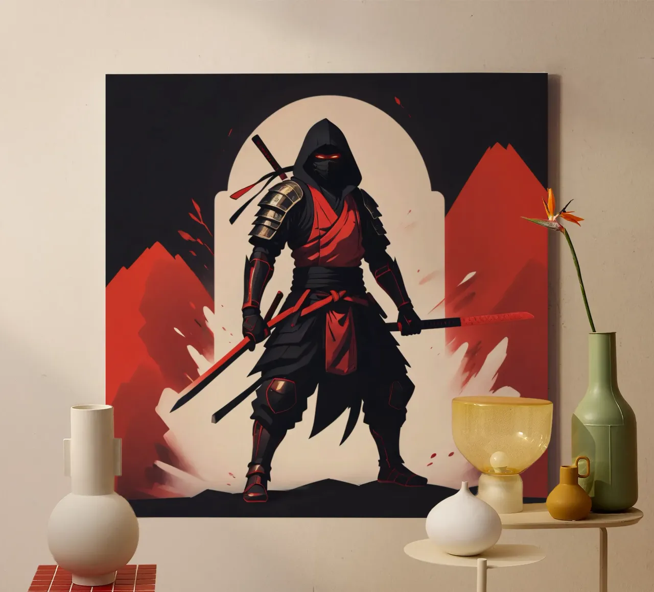 Ninja-Kriegerin in auffälliger rot-schwarzer Kleidung Leinwand mit Schattenfugenrahmen von DesignDoodle