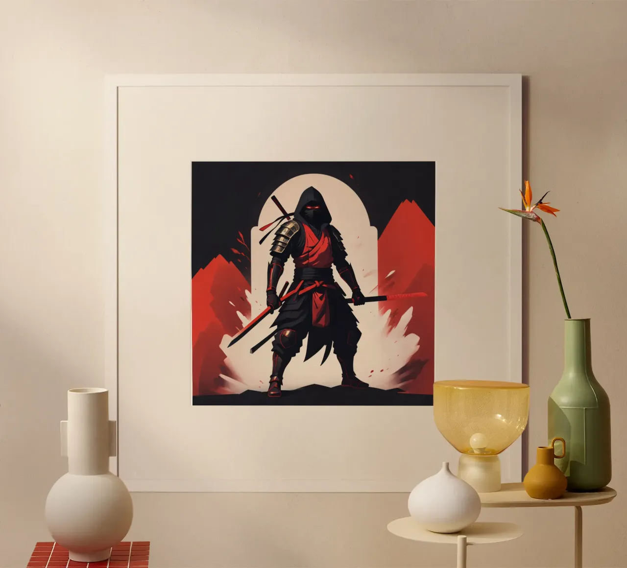Ninja-Kriegerin in auffälliger rot-schwarzer Kleidung Hahnemühle von DesignDoodle