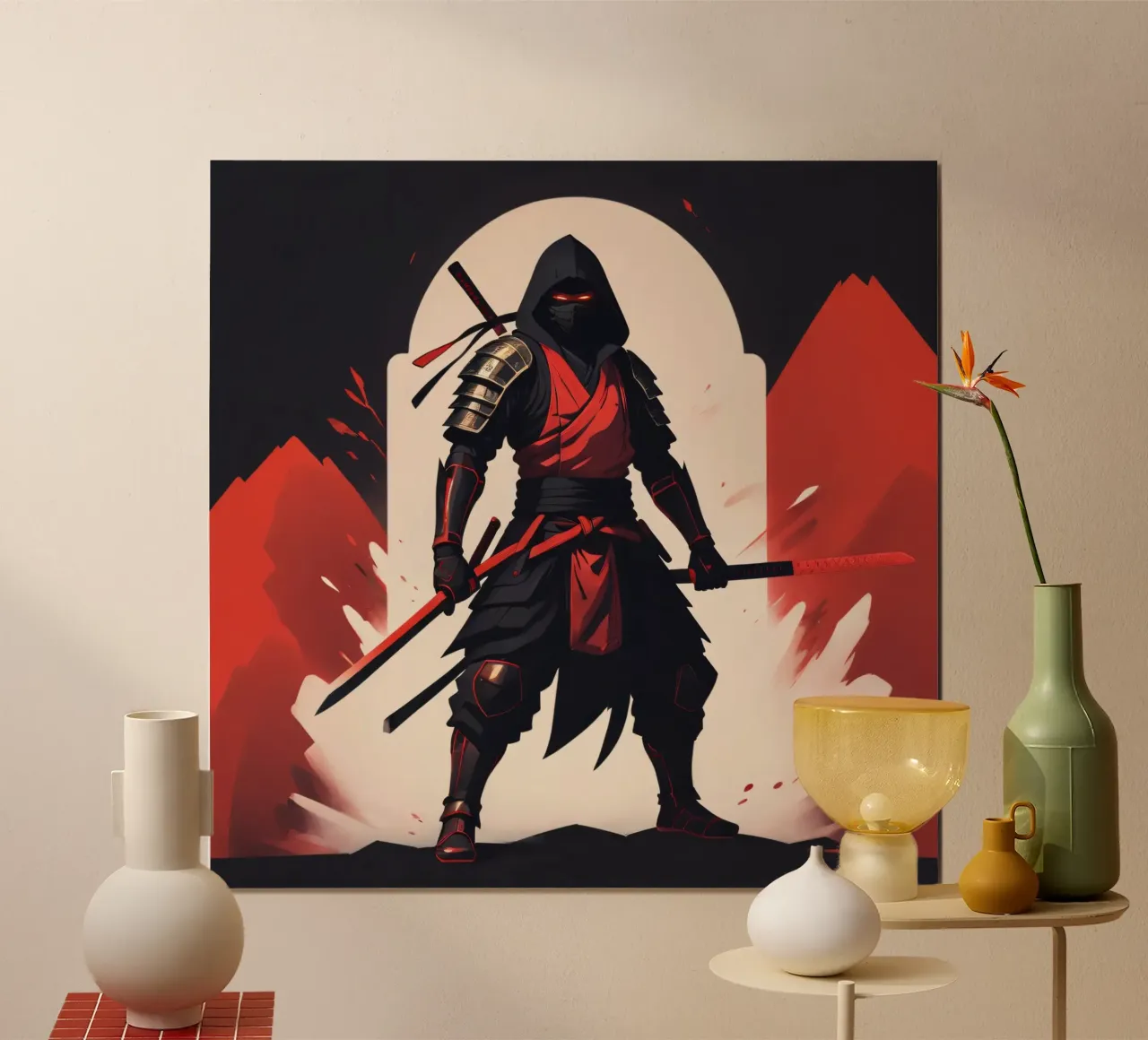 Ninja-Kriegerin in auffälliger rot-schwarzer Kleidung Hahnemühle von DesignDoodle