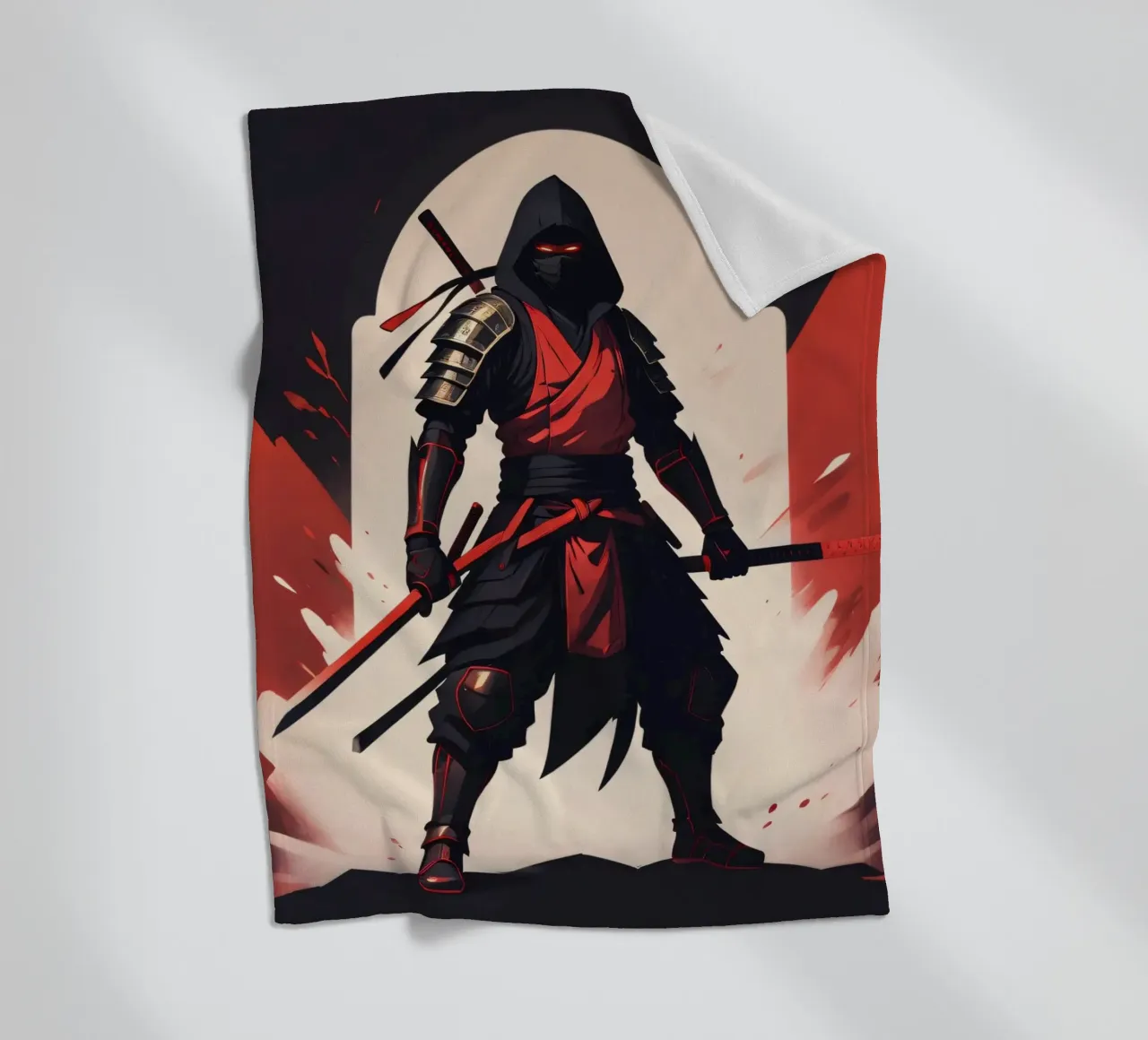 Ninja-Kriegerin in auffälliger rot-schwarzer Kleidung Fleecedecke von DesignDoodle