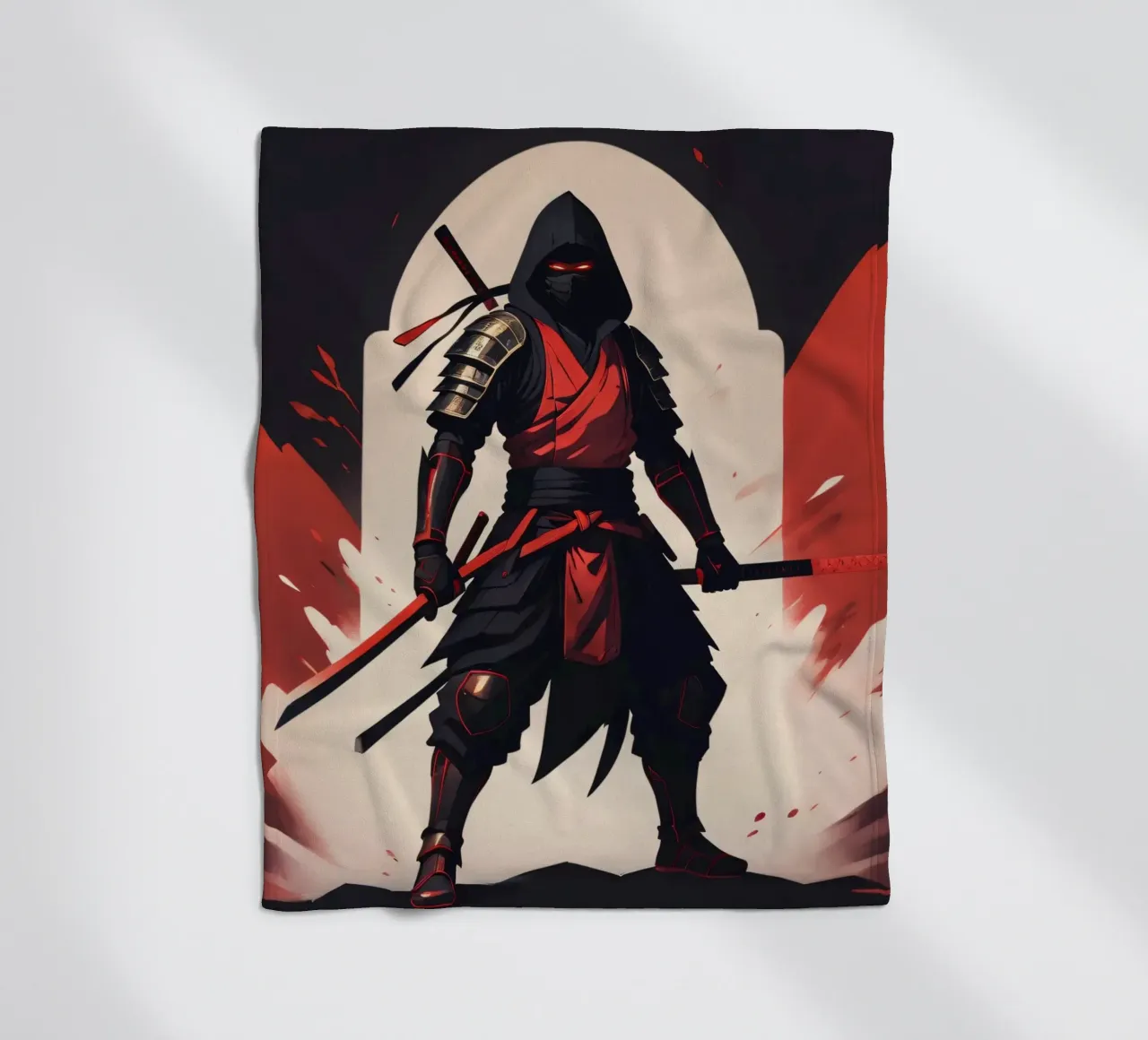 Ninja-Kriegerin in auffälliger rot-schwarzer Kleidung Fleecedecke von DesignDoodle