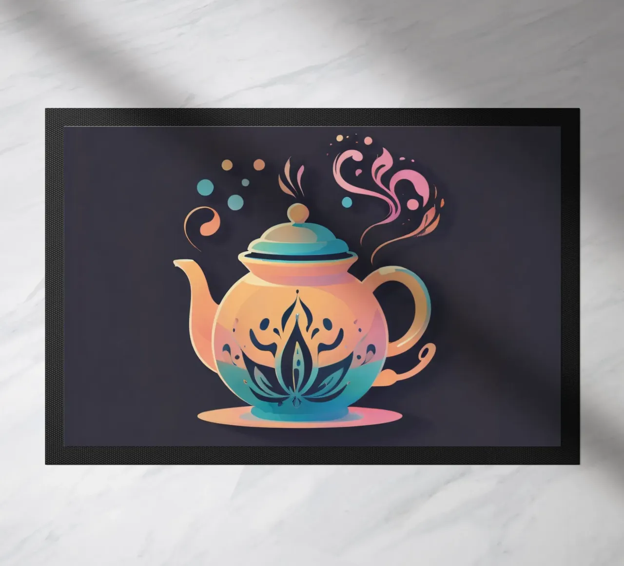 Stylish teapot design featuring elegant floral patterns doormat by DesignDoodle