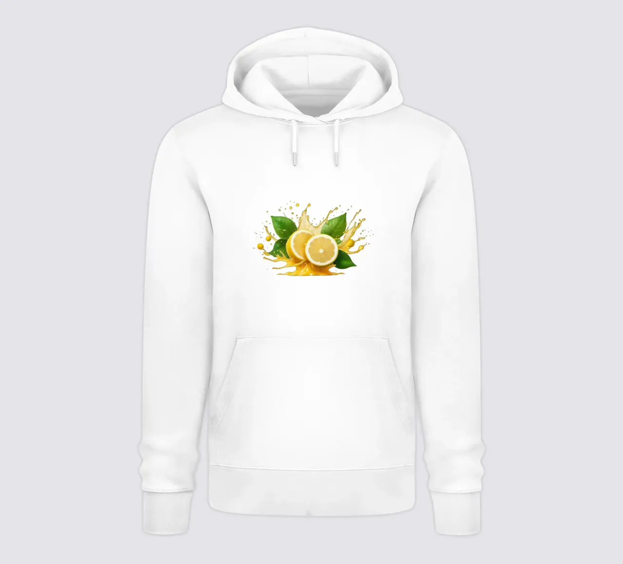 Bright lemon halves erupting with juice and splashes among hoodie by DesignDoodle